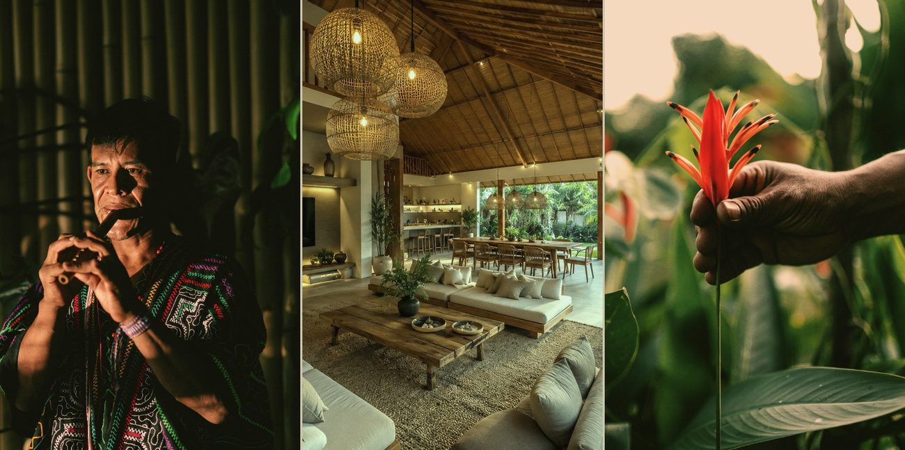 maestro Rafael playing a traditional flute, the estate villa, and a hand holding a red jungle flower