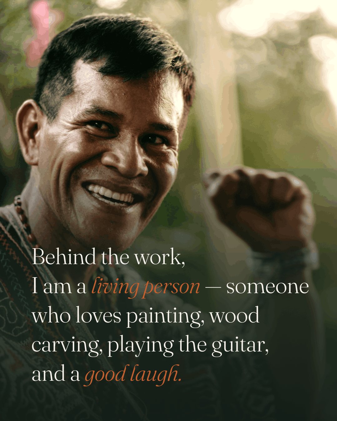 Maestro Rafael smiling, close portrait in the gardens of the retreat in Bali
